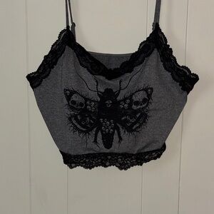 SHEIN Gray Camisole with Black Lace and Moth Design